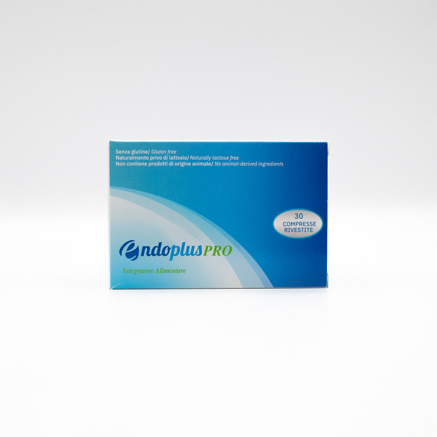 Confezione di EndoPlus PRO, integratore alimentare da 30 compresse rivestite, vista di tre quarti