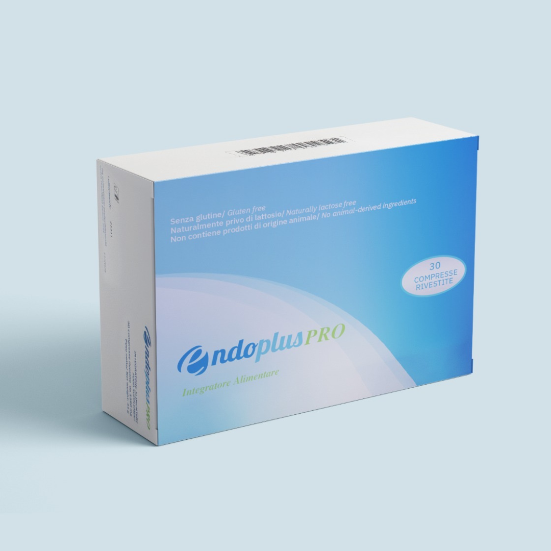 Confezione di EndoPlus PRO, integratore alimentare da 30 compresse rivestite, vista di tre quarti su sfondo azzurro